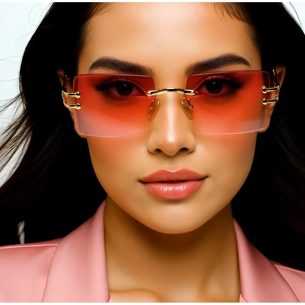 Rimless‎ Sunglasses Pink Lens Gold Frame Rectangle Fashion Shades Classic Retro